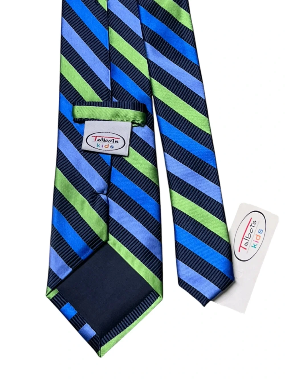 Talbots Kids NWT boys navy blue green diagonal striped 100% silk tie